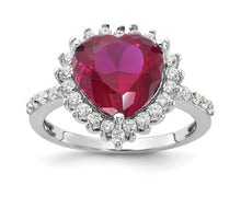 Load image into Gallery viewer, Sterling Silver Rhodium-plated 100 Facet Lab Created Ruby and Brilliant-cut White CZ Heart Halo
