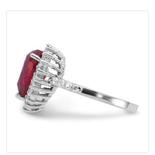 Load image into Gallery viewer, Sterling Silver Rhodium-plated 100 Facet Lab Created Ruby and Brilliant-cut White CZ Heart Halo
