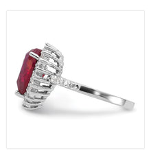 Load image into Gallery viewer, Sterling Silver Rhodium-plated 100 Facet Lab Created Ruby and Brilliant-cut White CZ Heart Halo