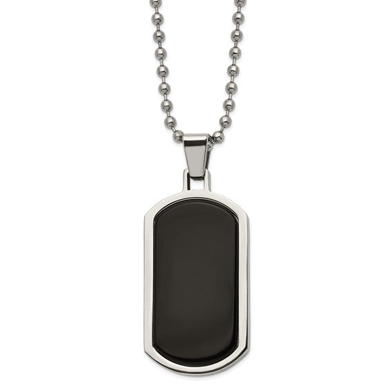 Chisel Stainless Steel Polished with Black Agate Inlay Dog Tag Ball Chain Necklace