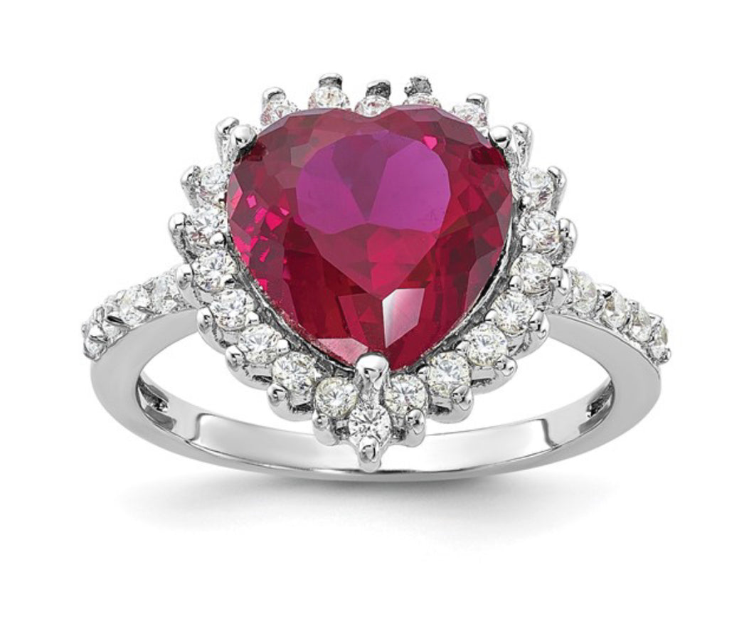 Sterling Silver Rhodium-plated 100 Facet Lab Created Ruby and Brilliant-cut White CZ Heart Halo