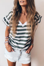Load image into Gallery viewer, Sea Green Striped V Neck Ruffle Sleeve Top
