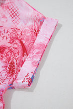 Load image into Gallery viewer, Pink Abstract Floral Print Notch V Neck Rolled Short Sleeve Blouse
