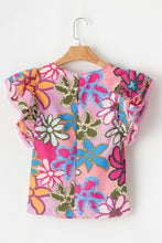 Load image into Gallery viewer, Multicolor Vibrant Floral Print Trimmed Ruffle Sleeve Blouse
