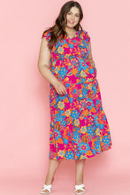 Load image into Gallery viewer, Red Floral Print Ruffled Sleeveless Plus Size Long Dress
