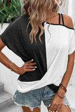 Load image into Gallery viewer, Khaki Asymmetric Colorblock Strappy Cold Shoulder Twist Hem Top
