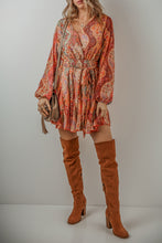 Load image into Gallery viewer, Orange Boho Paisley Print Long Sleeve Pleated Belted Mini Dress
