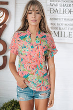 Load image into Gallery viewer, Pink Abstract Floral Print Notch V Neck Rolled Short Sleeve Blouse
