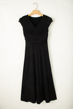 Load image into Gallery viewer, Black Short Sleeve Shirred High Waist V Neck Maxi Dress
