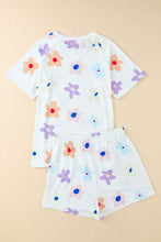Load image into Gallery viewer, White Flower Print Short Sleeve High Waist Two Piece Shorts Set
