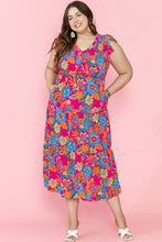 Load image into Gallery viewer, Red Floral Print Ruffled Sleeveless Plus Size Long Dress
