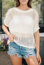 Load image into Gallery viewer, Apricot Fishnet Knit Ribbed Round Neck Short Sleeve Sweater Tee
