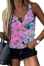 Load image into Gallery viewer, Pink Abstract Floral Print Notch V Neck Rolled Short Sleeve Blouse
