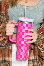 Load image into Gallery viewer, Bright Pink Checkered Print Handled Stainless Steel Tumbler Cup 40oz
