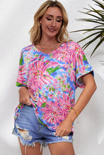 Load image into Gallery viewer, Pink Abstract Floral Print Notch V Neck Rolled Short Sleeve Blouse
