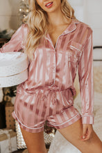 Load image into Gallery viewer, Pink Striped Print Buttoned Shirt and Drawstring Shorts Lounge Set
