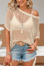 Load image into Gallery viewer, Apricot Fishnet Knit Ribbed Round Neck Short Sleeve Sweater Tee

