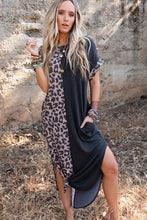 Load image into Gallery viewer, Black Contrast Solid Leopard Short Sleeve T-shirt Dress with Slits
