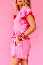 Load image into Gallery viewer, Pink Ruffled Hem Short Sleeve Elastic Drawstring Waist Pocketed Shorts Set
