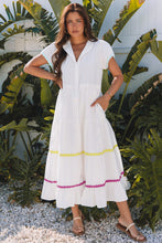 Load image into Gallery viewer, White Colorblock Rickrack Trim Short Sleeve Drawstring Waist Long Dress
