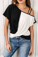 Load image into Gallery viewer, Khaki Asymmetric Colorblock Strappy Cold Shoulder Twist Hem Top
