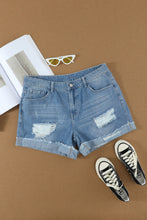 Load image into Gallery viewer, Distressed Ripped Rolled Hem Blue Denim Shorts
