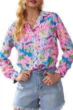 Load image into Gallery viewer, Pink Abstract Floral Print Notch V Neck Rolled Short Sleeve Blouse
