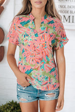 Load image into Gallery viewer, Pink Abstract Floral Print Notch V Neck Rolled Short Sleeve Blouse
