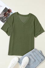 Load image into Gallery viewer, Jungle Green Corded V Neck Chest Pocket Loose T-shirt
