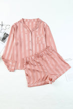Load image into Gallery viewer, Pink Striped Print Buttoned Shirt and Drawstring Shorts Lounge Set
