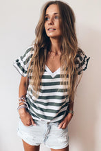 Load image into Gallery viewer, Sea Green Striped V Neck Ruffle Sleeve Top
