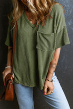 Load image into Gallery viewer, Jungle Green Corded V Neck Chest Pocket Loose T-shirt
