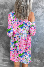Load image into Gallery viewer, Pink Abstract Floral Print Notch V Neck Rolled Short Sleeve Blouse
