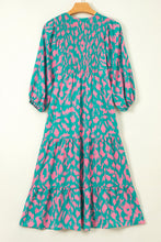 Load image into Gallery viewer, Green Abstract Print Puff Sleeve Tied Notched Neck Long Dress

