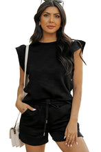 Load image into Gallery viewer, Black Textured Ruffled Sleeve Tee and Drawstring Shorts Set
