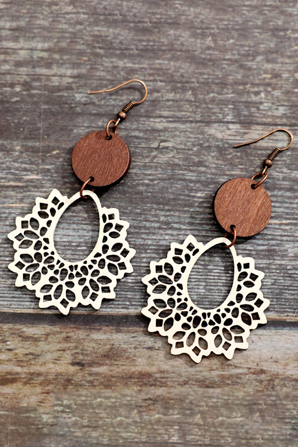 White PU Hollowed Round Wood Pendant Earrings