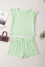 Load image into Gallery viewer, Green Crinkled Texture V Neck Ruffled Sleeve Tops and Shorts Set
