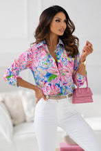 Load image into Gallery viewer, Pink Abstract Floral Print Notch V Neck Rolled Short Sleeve Blouse
