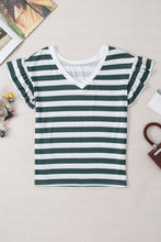 Load image into Gallery viewer, Sea Green Striped V Neck Ruffle Sleeve Top
