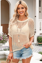 Load image into Gallery viewer, Apricot Fishnet Knit Ribbed Round Neck Short Sleeve Sweater Tee
