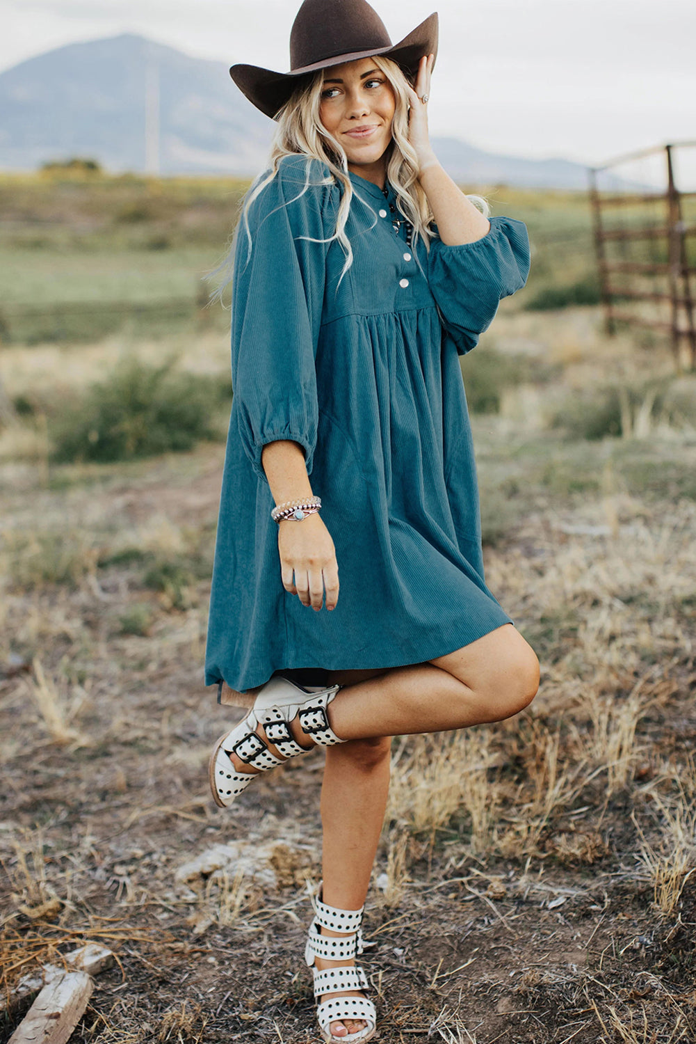 Blue Corduroy Snap Buttons Empire Waist Bracelet Sleeve Dress Sofia Jewelry llc Blue Corduroy Snap Buttons Empire Waist Bracelet Sleeve Dress Sofia Jewelry llc