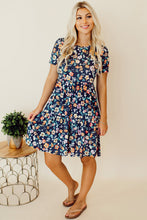 Load image into Gallery viewer, Blue Short Sleeve A-line Floral Dress
