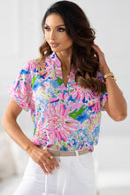 Load image into Gallery viewer, Pink Abstract Floral Print Notch V Neck Rolled Short Sleeve Blouse
