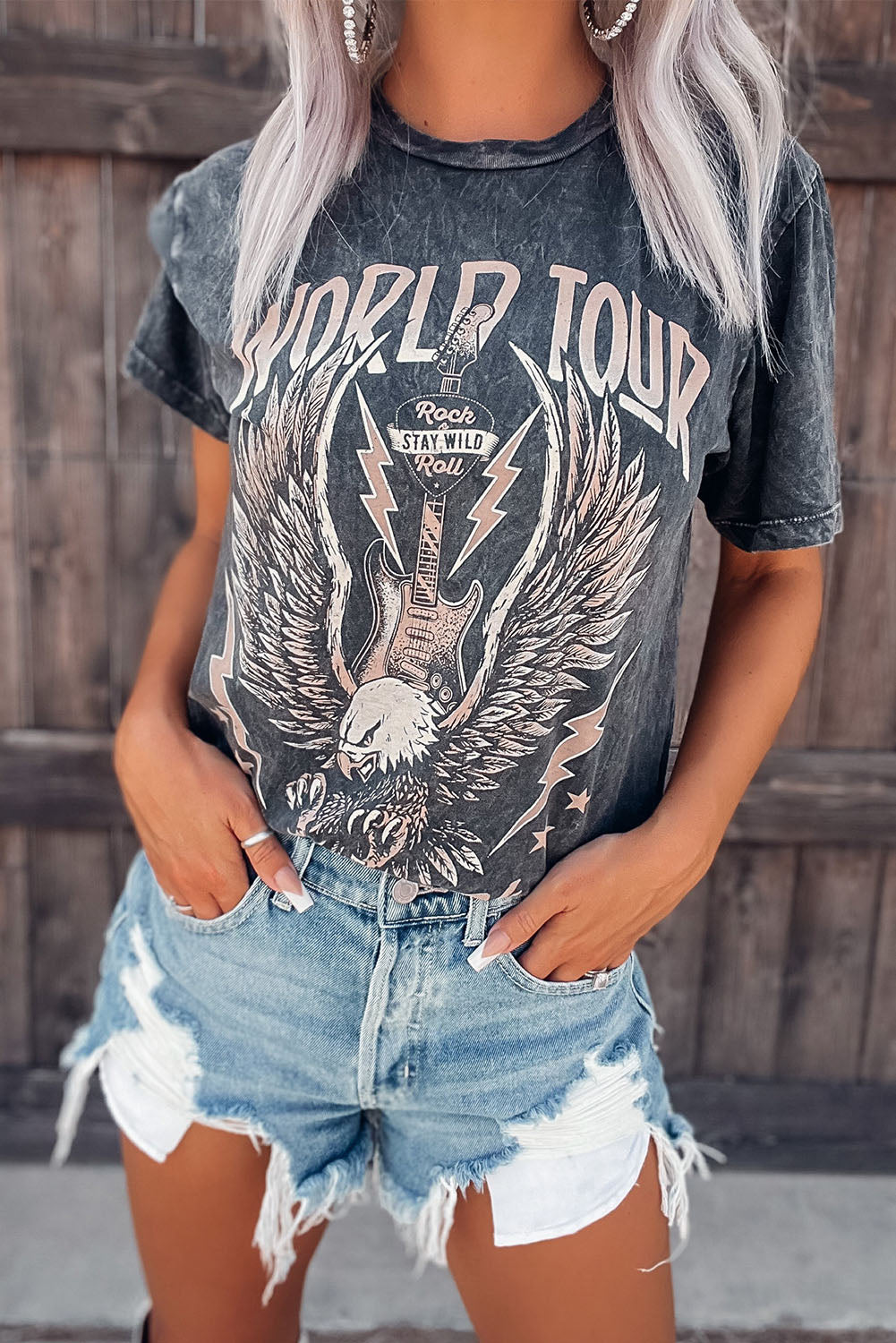 Gray WORLD TOUR Graphic Print Mineral Washed Tee