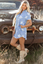 Load image into Gallery viewer, Sky Blue Stars Frayed Hem Collared Short Sleeve Denim Dress
