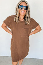 Load image into Gallery viewer, Gray Striped Ribbed Knit T-shirt Shift Dress
