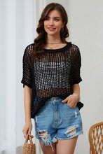 Load image into Gallery viewer, Apricot Fishnet Knit Ribbed Round Neck Short Sleeve Sweater Tee

