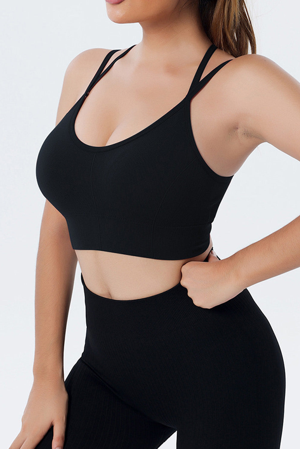Black Ribbed Knit Strappy Back Sports Bra
