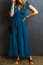 Load image into Gallery viewer, Peacock Blue Short Sleeve Shirred High Waist V Neck Maxi Dress
