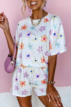 Load image into Gallery viewer, White Flower Print Short Sleeve High Waist Two Piece Shorts Set
